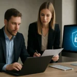 Két szakember informatikai biztonsággal kapcsolatos munkát végez