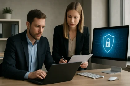 Két szakember informatikai biztonsággal kapcsolatos munkát végez