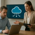 Két szakember beszélget a nyilvános cloud storage működéséről.