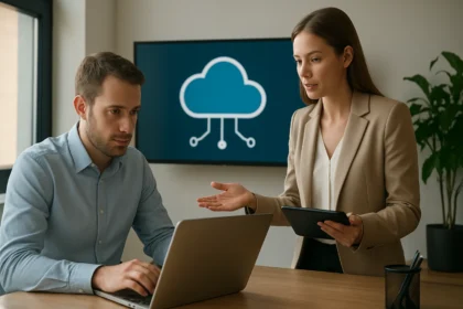 Két szakember beszélget a nyilvános cloud storage működéséről.