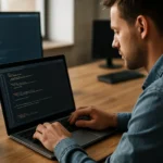 Fejlesztő Java kódot ír laptopon internetes alkalmazásokhoz.