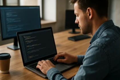 Fejlesztő Java kódot ír laptopon internetes alkalmazásokhoz.