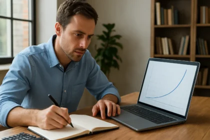 Férfi exponenciális függvény számítást végez a laptopján.