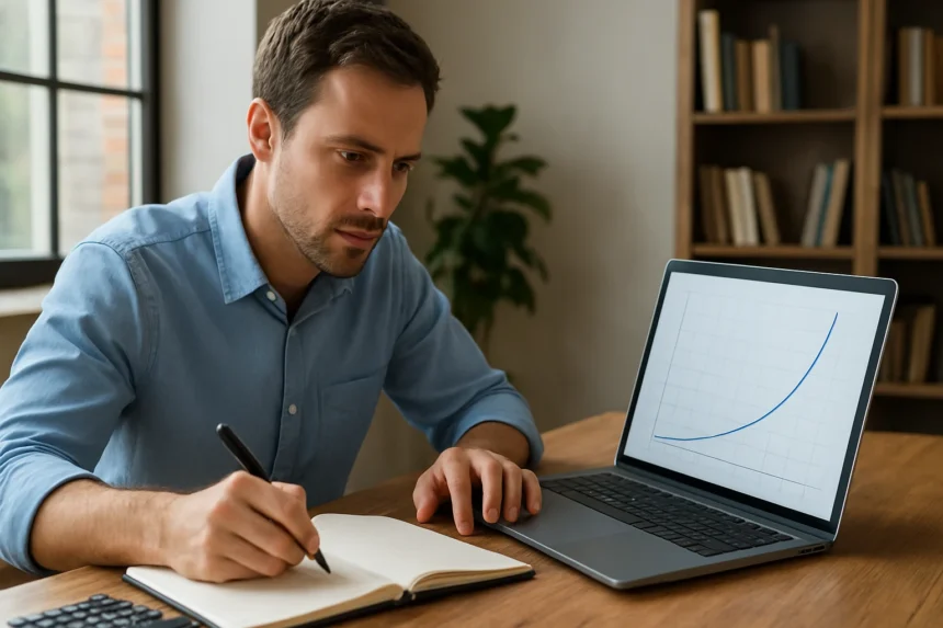 Férfi exponenciális függvény számítást végez a laptopján.