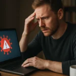 Férfi aggódik a laptopján megjelenő makróvírus figyelmeztetés miatt.