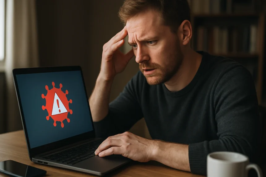 Férfi aggódik a laptopján megjelenő makróvírus figyelmeztetés miatt.