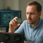 A férfi egy AMD Ryzen processzort néz, háttérben adatközponti grafika.