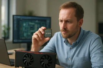 A férfi egy AMD Ryzen processzort néz, háttérben adatközponti grafika.