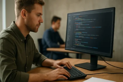 Férfi programozó kód írása számítógépen, polimorfizmus OOP témában.