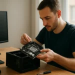 Férfi Mini ITX alaplapot szerel egy kompakt számítógépbe.