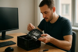 Férfi Mini ITX alaplapot szerel egy kompakt számítógépbe.