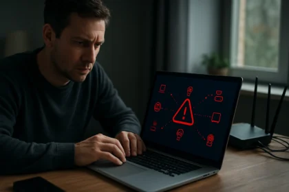 Férfi aggódva néz egy laptopot, amelyen figyelmeztetés látható IoT botnet kockázatokról.