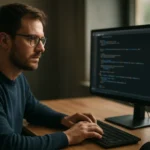 Programozó dolgozik a null karakter szerepéről szóló cikkhez kapcsolódó kódon.