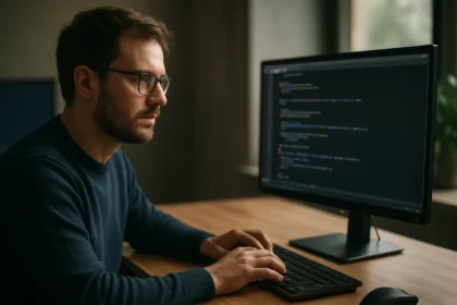 Programozó dolgozik a null karakter szerepéről szóló cikkhez kapcsolódó kódon.