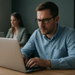 Férfi laptop előtt dolgozik, adatbiztonság és információvédelem területén.