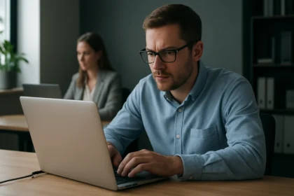 Férfi laptop előtt dolgozik, adatbiztonság és információvédelem területén.