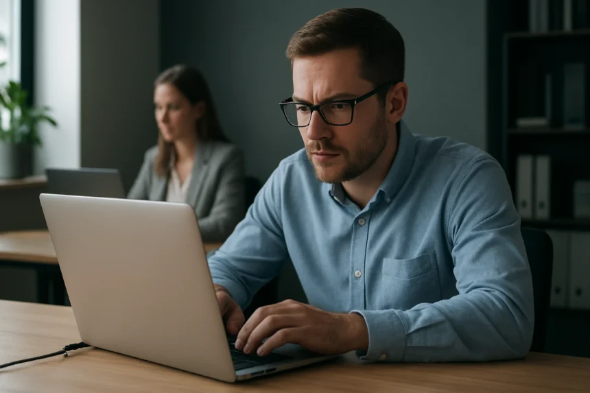 Férfi laptop előtt dolgozik, adatbiztonság és információvédelem területén.