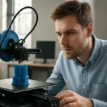 3D nyomtatás folyamatának megfigyelése egy férfi által.