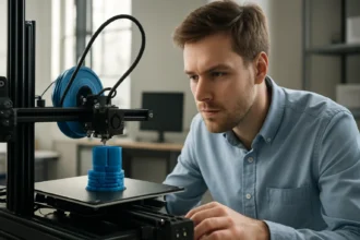 3D nyomtatás folyamatának megfigyelése egy férfi által.