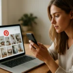 Nő a Pinterest oldalát böngészi laptopon és telefonon.