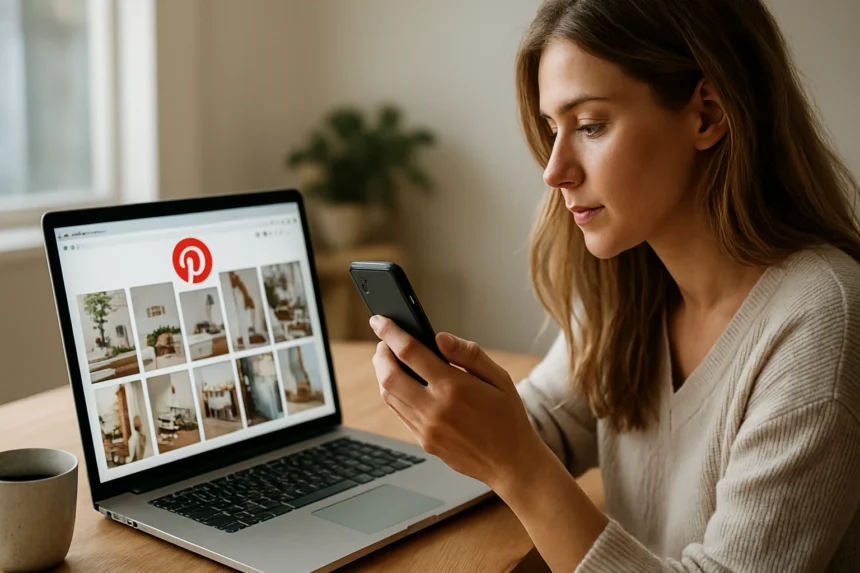 Nő a Pinterest oldalát böngészi laptopon és telefonon.