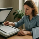 Nő digitális dokumentumot szkennel papíralapú adatainak digitalizálásához