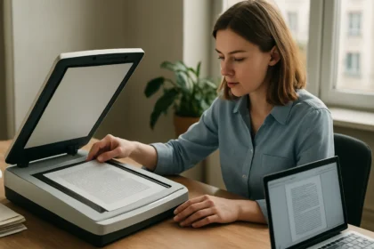 Nő digitális dokumentumot szkennel papíralapú adatainak digitalizálásához