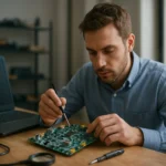 Férfi elektronikai áramkört vizsgál a munkapadon