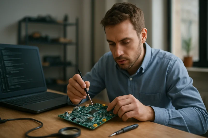 Férfi elektronikai áramkört vizsgál a munkapadon
