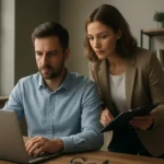 Két szakember együtt dolgozik HTML5 projekten laptopon.