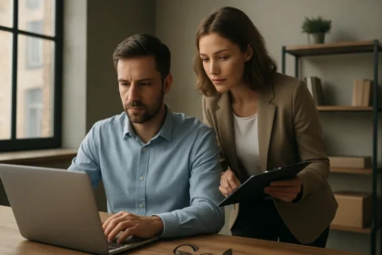 Két szakember együtt dolgozik HTML5 projekten laptopon.