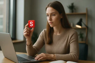 A nő egy piros favicont tart a kezében, miközben a laptopja előtt ül.