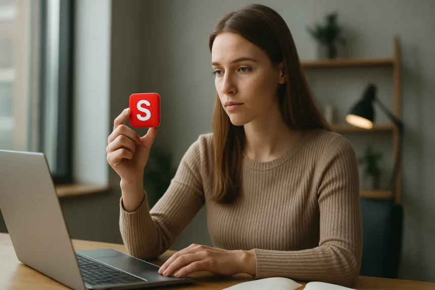 A nő egy piros favicont tart a kezében, miközben a laptopja előtt ül.