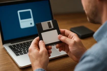 Férfi tart egy floppy lemezt laptop előtt, boot disk jelentősége.