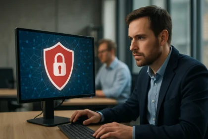 Férfi számítógép előtt tűzfal védelmi ikon előtt a kibervédelem érdekében.