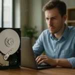 Férfi dolgozik a laptopján, háttérben merevlemez