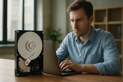 Férfi dolgozik a laptopján, háttérben merevlemez