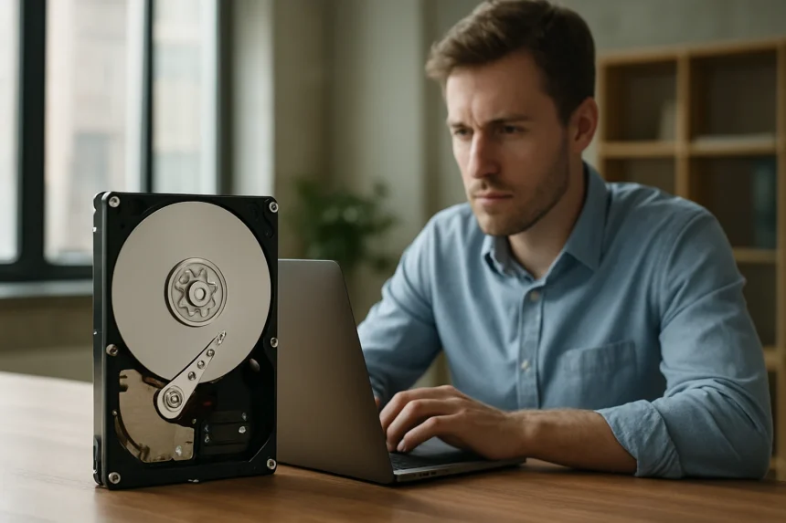 Férfi dolgozik a laptopján, háttérben merevlemez