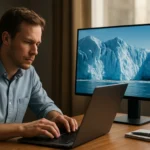 Férfi dolgozik laptopján Amazon Glacier felhőalapú adattárolással