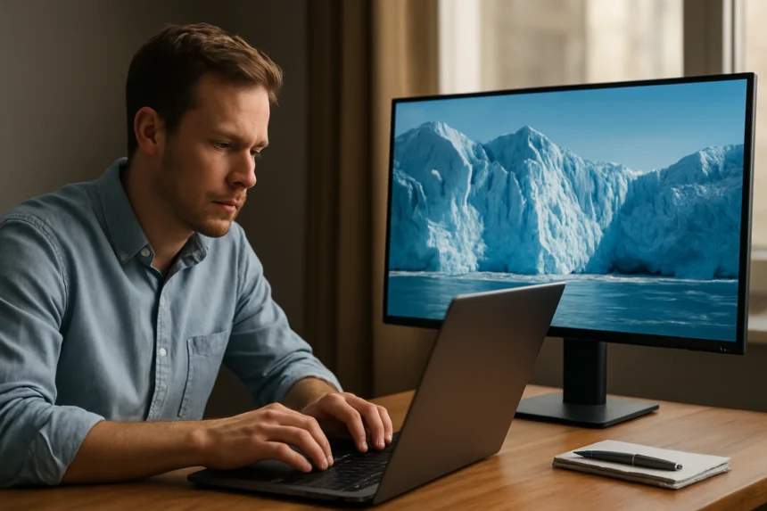 Férfi dolgozik laptopján Amazon Glacier felhőalapú adattárolással