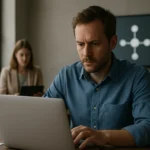 Férfi OSGi keretrendszerrel kapcsolatos munkát végez számítógépen