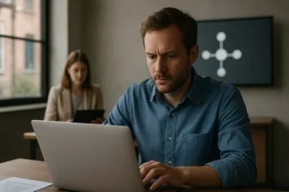 Férfi OSGi keretrendszerrel kapcsolatos munkát végez számítógépen