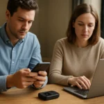 Két ember hordozható hotspotot használ internetmegosztásra.