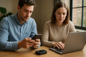 Két ember hordozható hotspotot használ internetmegosztásra.