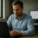 Férfi a számítógépen dolgozik, a hálózati teljesítmény elemzésén.