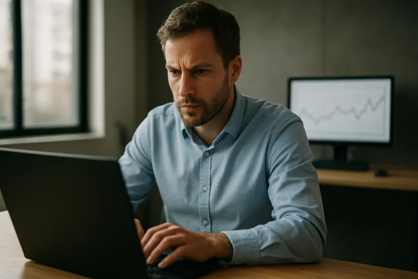 Férfi a számítógépen dolgozik, a hálózati teljesítmény elemzésén.