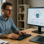 Férfi a számítógép előtt, webtárhely kezelés közben.