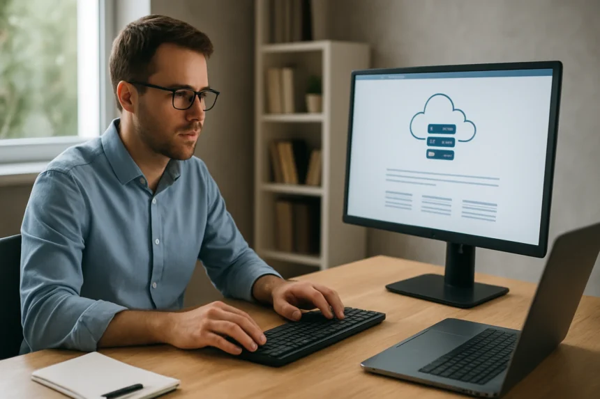 Férfi a számítógép előtt, webtárhely kezelés közben.