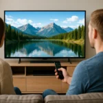 Pár néz HDTV-t természetes tájjal a képernyőn.