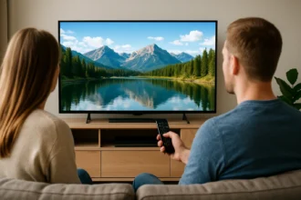 Pár néz HDTV-t természetes tájjal a képernyőn.